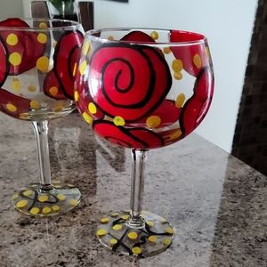 Jules Burt signed Colorful Swirl Wine Glasses Set of 4